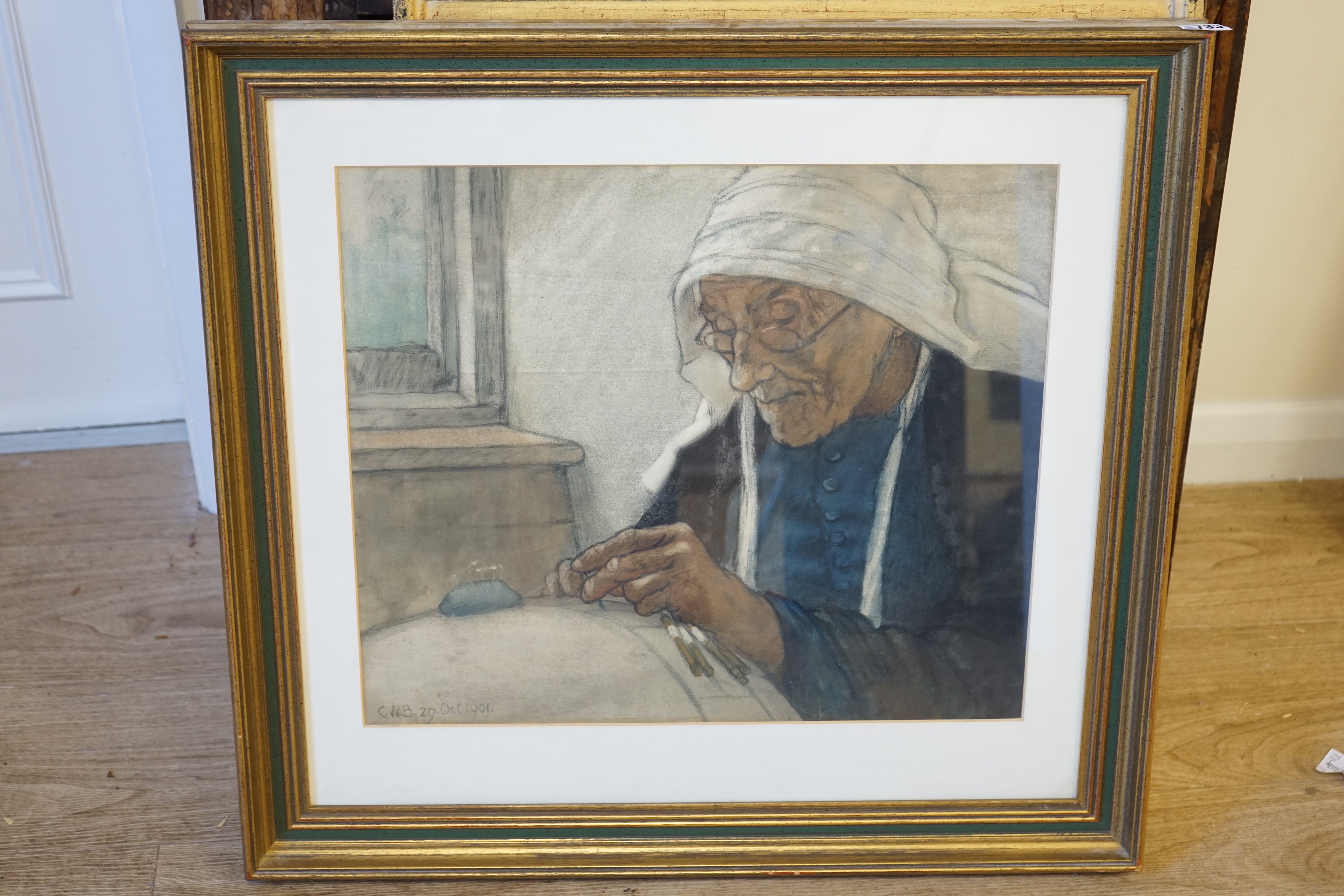 C.W.B, pencil and watercolour, Flemish lace maker, initialled and dated 29 Oct 1901, 41.5 x 48cm